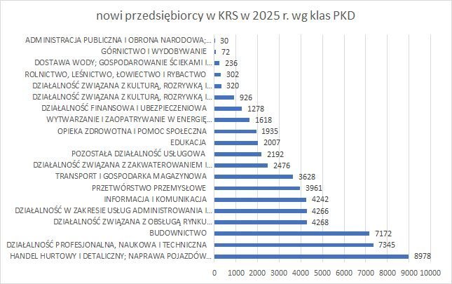 nowe firmy w KRS wg klas PKD 2025 r. 